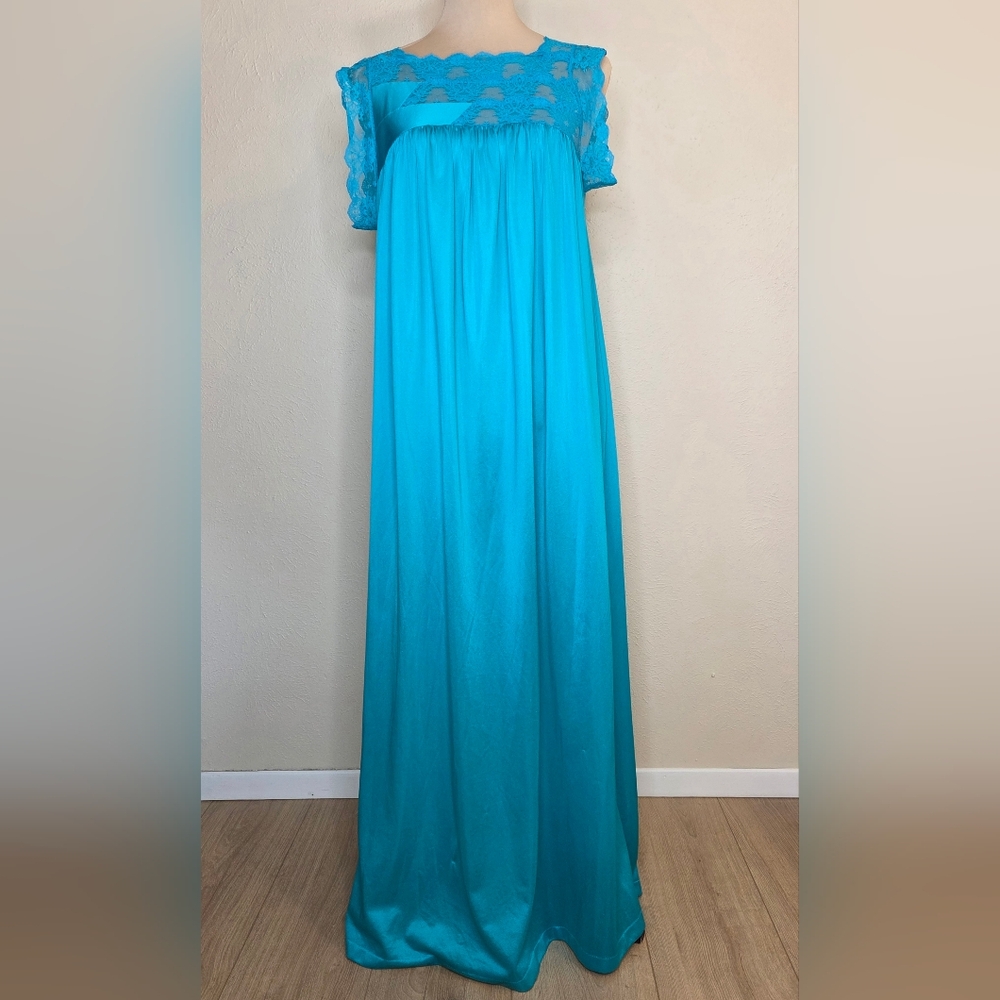 Vintage Henson Kickernick Turquoise Lace Nightgown Maxi Dress USA Small Nylon